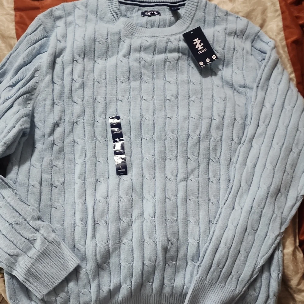 IZOD Men's Sky Blue Cable Knit Crewneck Sweater - Picture 2 of 4